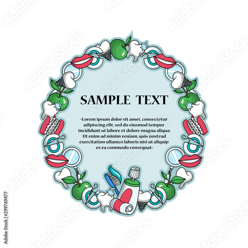 Vector colored poster with dentistry symbols. Frame on the theme of dental health and medicine