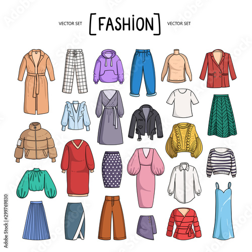 Vector set with isolated colored doodles of women's clothing on white background. Set on the theme of beauty and fashion