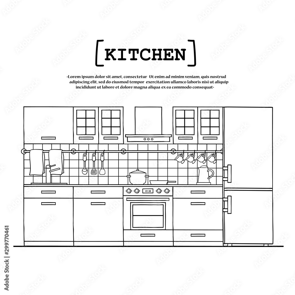 Poster on the theme of kitchen interior with furniture, kitchen appliances, dishes. Vector colored illustration for use in design Poster on the theme of kitchen interior with furniture, kitchen appliances, dishes. Vector colored illustration for use in design