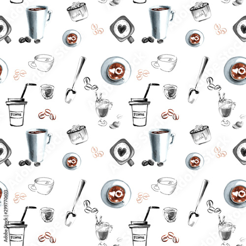 Seamless pattern with cups and coffee beans hand draw