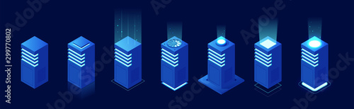 Isometric Set Server or Hardware Equipment isolated on background. Datacenter storage room objects.