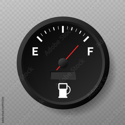 Fuel gauge. Full tank. Round black car dashboard