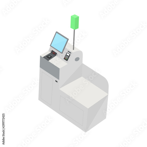 Isometric model of Self Checkout Shop Cashier. Self service cash device in flat design with cash machine, monitor and scanner.Point with self-service checkout in the supermarket.