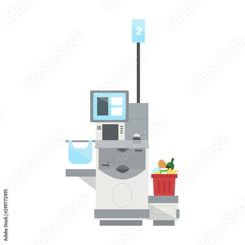 Vector model of Self Checkout Shop Cashier with а full shopping cart.Self service cash device in flat design with cash machine, monitor and scanner.Point with self-service checkout in the supermarket.