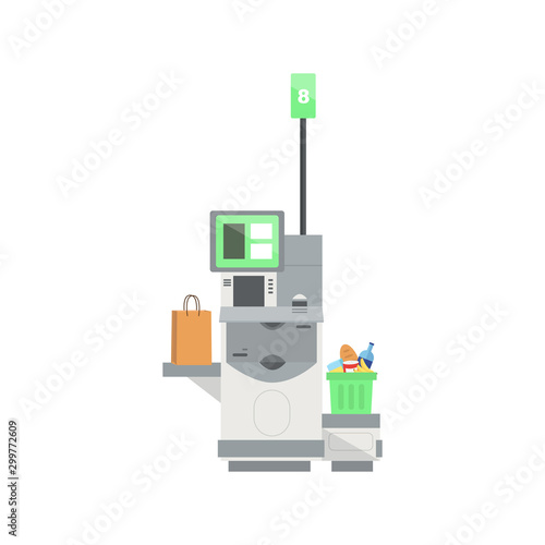 Vector model of Self Checkout Shop Cashier with а full shopping cart.Self service cash device in flat design with cash machine, monitor and scanner.Point with self-service checkout in the supermarket.