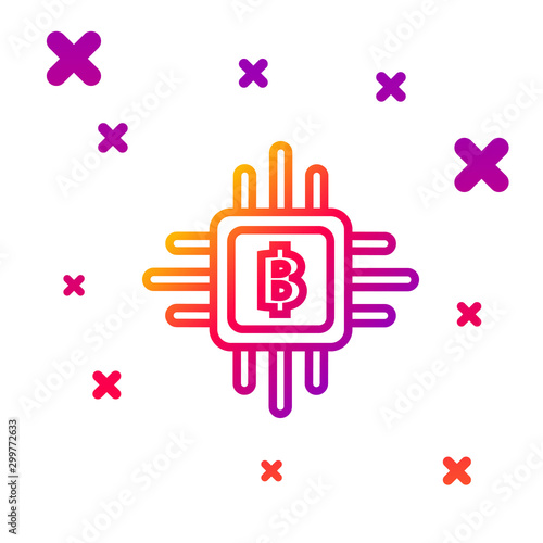 Color line CPU mining farm icon isolated on white background. Bitcoin sign inside processor. Cryptocurrency mining community. Digital money. Gradient random dynamic shapes. Vector Illustration