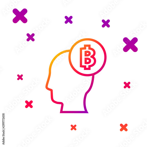 Color line Bitcoin think icon isolated on white background. Cryptocurrency head. Blockchain technology, digital money market, cryptocoin wallet. Gradient random dynamic shapes. Vector Illustration