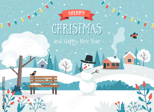 Merry christmas card with cute landscape and snowman. Cute vector illustration in flat style