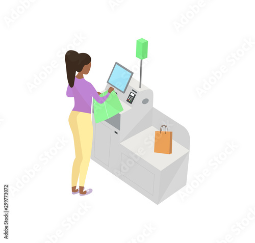 Self-service cashier or terminal isometric model. African American woman customer is paying at the self-service counter using the touchscreen display. Self-service checkout vector concept