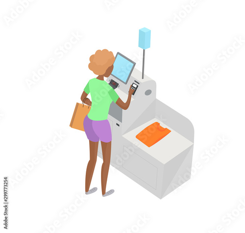 Self-service cashier or terminal isometric model. African American woman customer is paying at the self-service counter using the touchscreen display. Self-service checkout vector concept