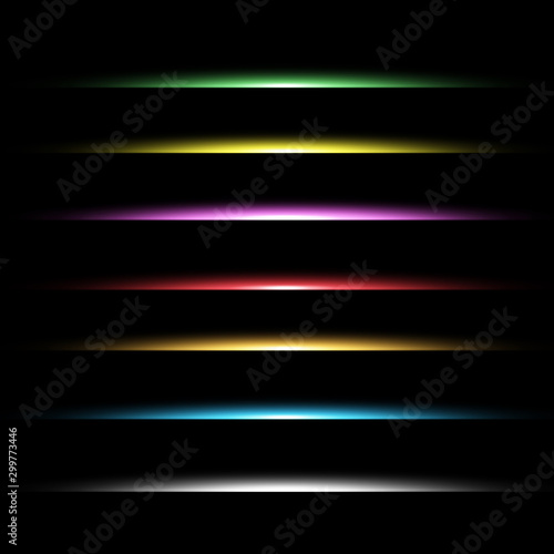 vector set of neon laser glow light . horizontal gleaming line flash effect on transparent. Decorative colorful highlight design detail for text ads and titles.