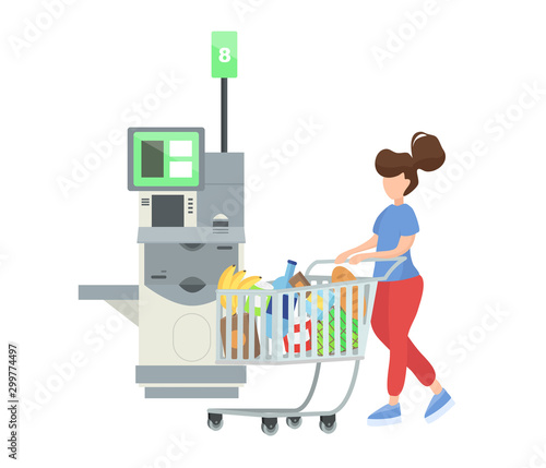 Self-service cashier or terminal. Yang Young woman customer is buying food at the self-service counter. Self-service checkout vector concept