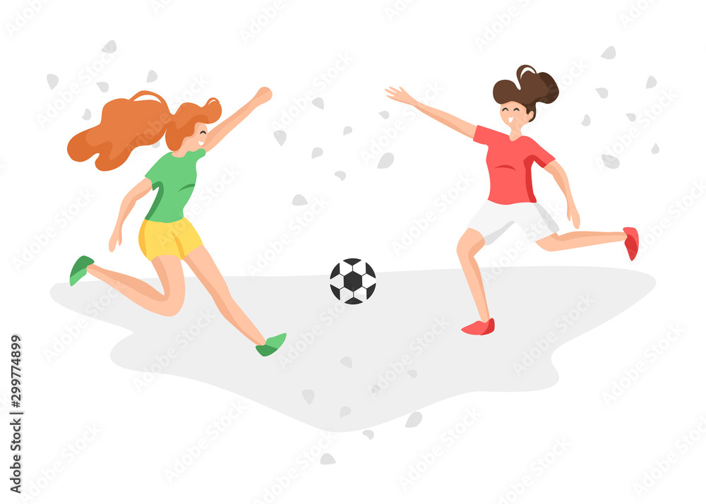Two cute young female football players isolated on white background. Happy women playing soccer. Flat concept of teenage girls kicking ball. Girl team playing soccer.