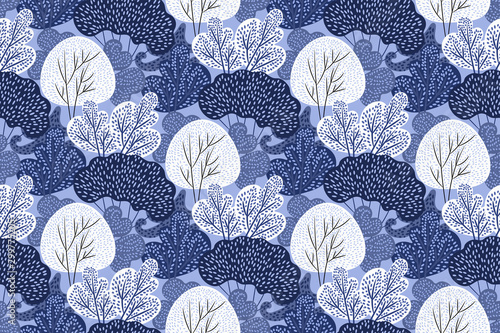 Winter Seamless Pattern with hand drawn trees in Snow. Stylized embroidery Forest. Christmas Decoration background in white and blue colors. Creative design. Vector illustration.