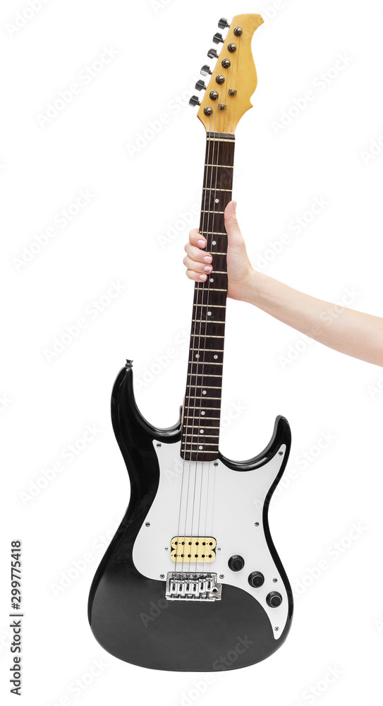 Obraz premium Woman's hand holding electric guitar. Isolated on white.