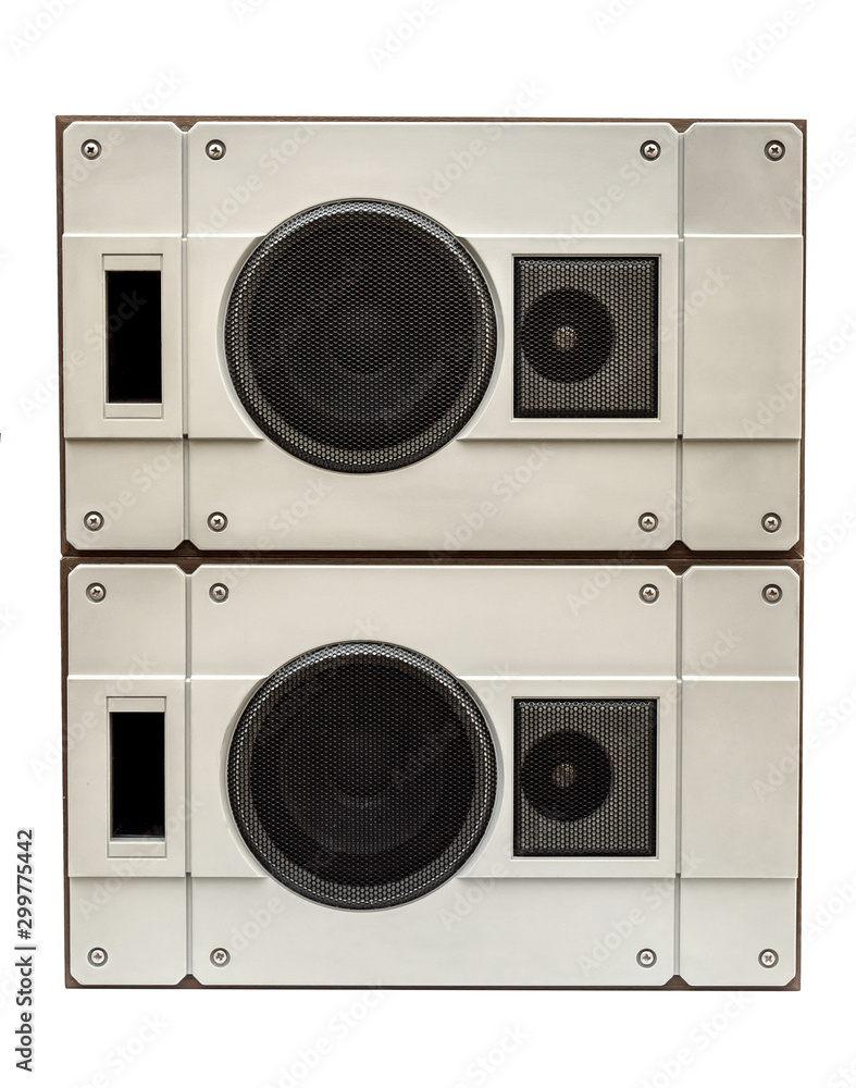 Obraz premium Stack of two audio speakers on white.