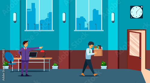 Angry boss pointing finger at door fired employee with paper documents box. Upset employee is going to exit.