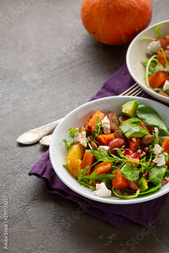 Healthy salad with pumpkins and blue cheese, food