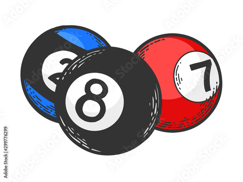 Billiard pool balls ivories engraving vector illustration. T-shirt apparel print design. Scratch board style imitation. Black and white hand drawn image.