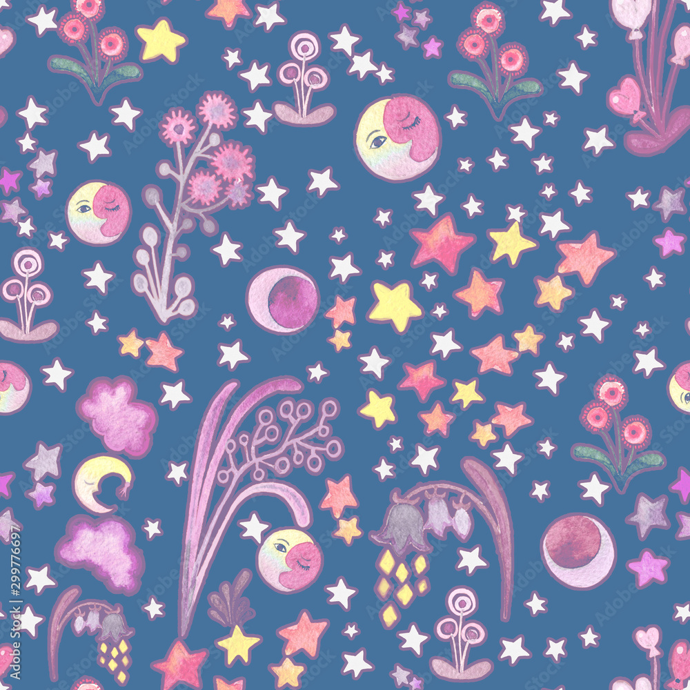 Cute childish seamless pattern with stars, flowers, clouds, moon. Handwork