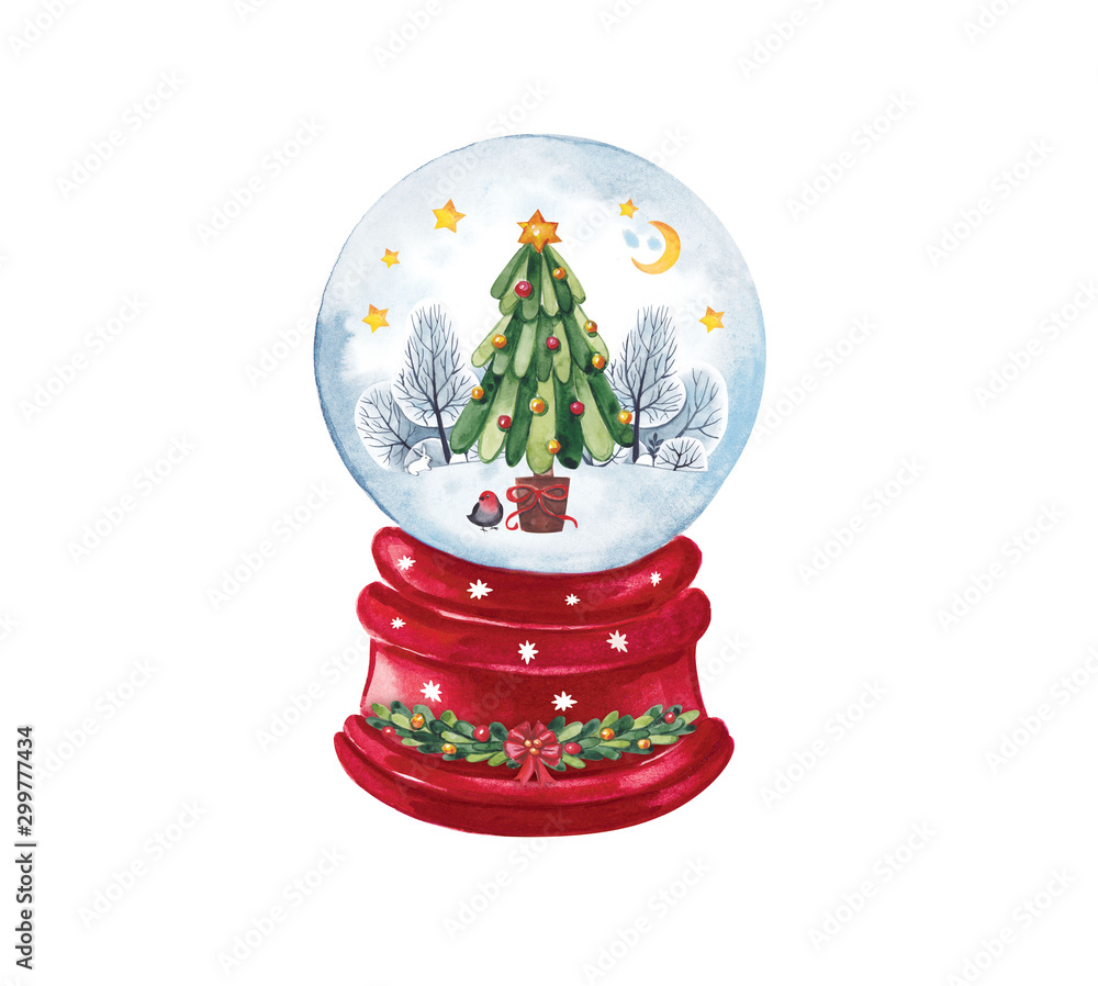 Watercolor illustration. Snow globe with Christmas tree on a white  background. Illustration Stock | Adobe Stock