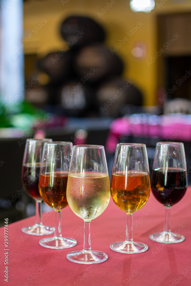Sherry wine tasting, selection of different jerez fortified wines from dry to very sweet, Jerez de la Frontera, Andalusia, Spain Sherry wine tasting, selection of different jerez fortified wines from dry to very sweet, Jerez de la Frontera, Andalusia, Spain
