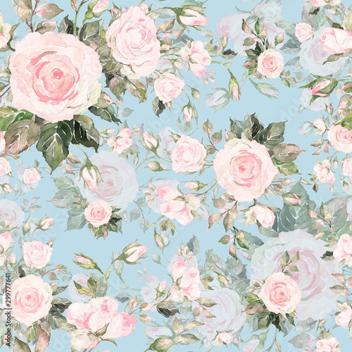 Watercolor seamless pattern of roses with buds-7