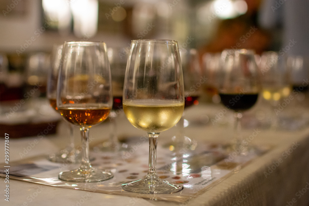 Sherry wine tasting, selection of different jerez fortified wines from dry to very sweet in glasses, Jerez de la Frontera, Andalusia, Spain Sherry wine tasting, selection of different jerez fortified wines from dry to very sweet in glasses, Jerez de la Frontera, Andalusia, Spain