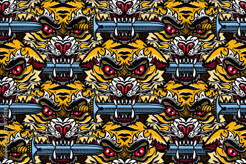 seamless pattern tiger head with grin