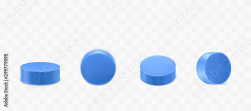 Plastic bottle caps set isolated on transparent background. Blue round corrugated lids design for mineral water or beverage flask top and side view. Realistic 3d vector illustration, icon, clip art