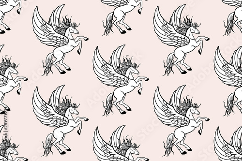seamless pattern white pegasus with wings
