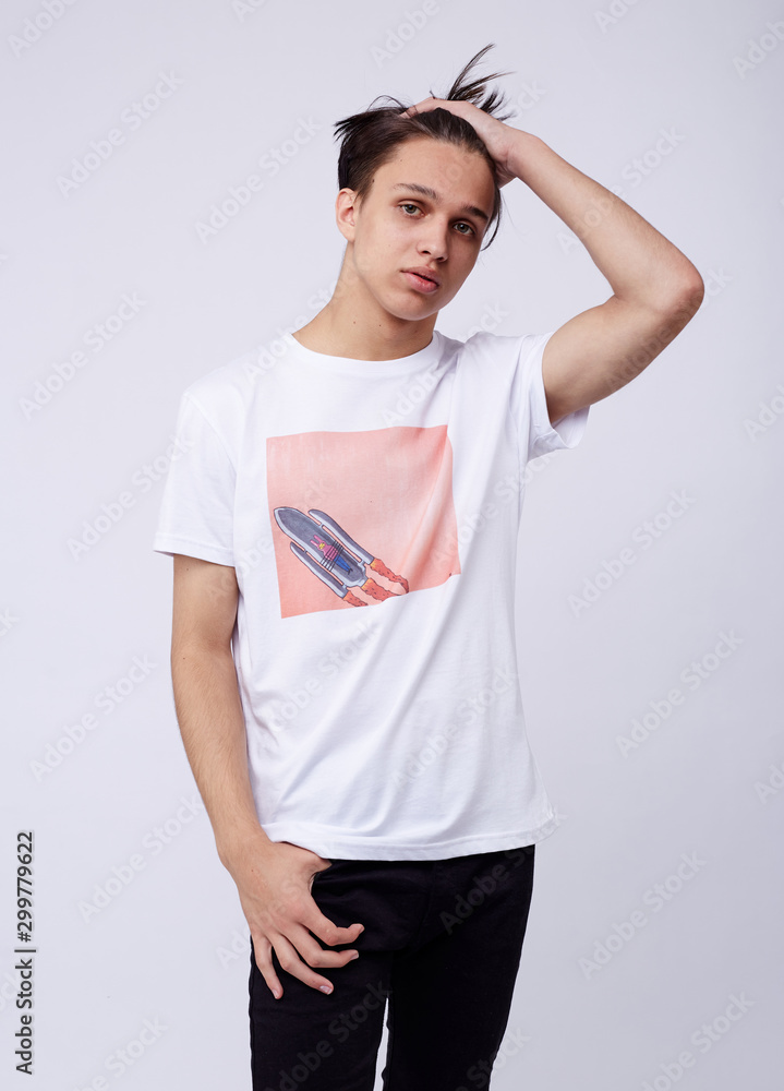 photo of man wearing in white t-shirt isolated on white background. photo of man wearing in white t-shirt isolated on white background.
