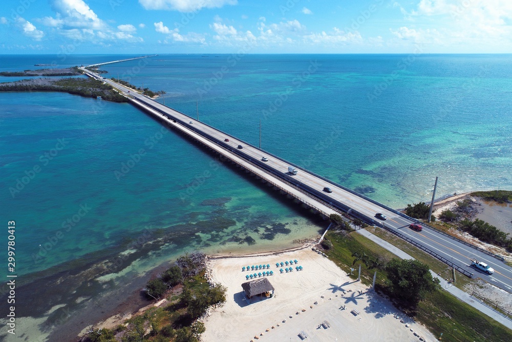 Aerial view of famous bridge in the way to Key West, Florida Keys, United States. Great landscape. Vacation travel. Travel destination. Tropical scenery. Caribbean sea.
