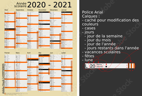 Calendrier scolaire 2020-2021, calques, vacances scolaires, Saints, 12 mois