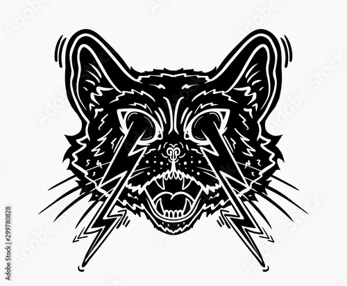black and white crazy cat tattoo with lightning