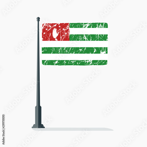 Abkhazian flag with scratches, vector flag of Abkhazia on flagpole with shadow.