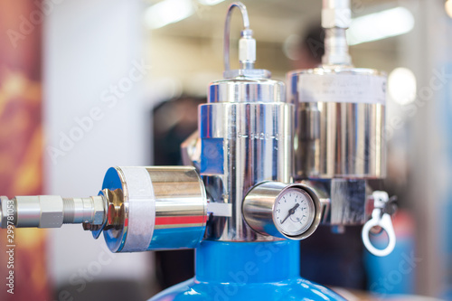 Obraz na plátně Close up of pressure sensor on metal gas cylinder at emergency services show