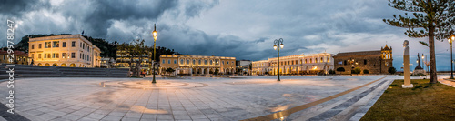 Panorama of Solomos square in the island of Zakynthos, at the dusk on a heavy cloudy day, very colorful