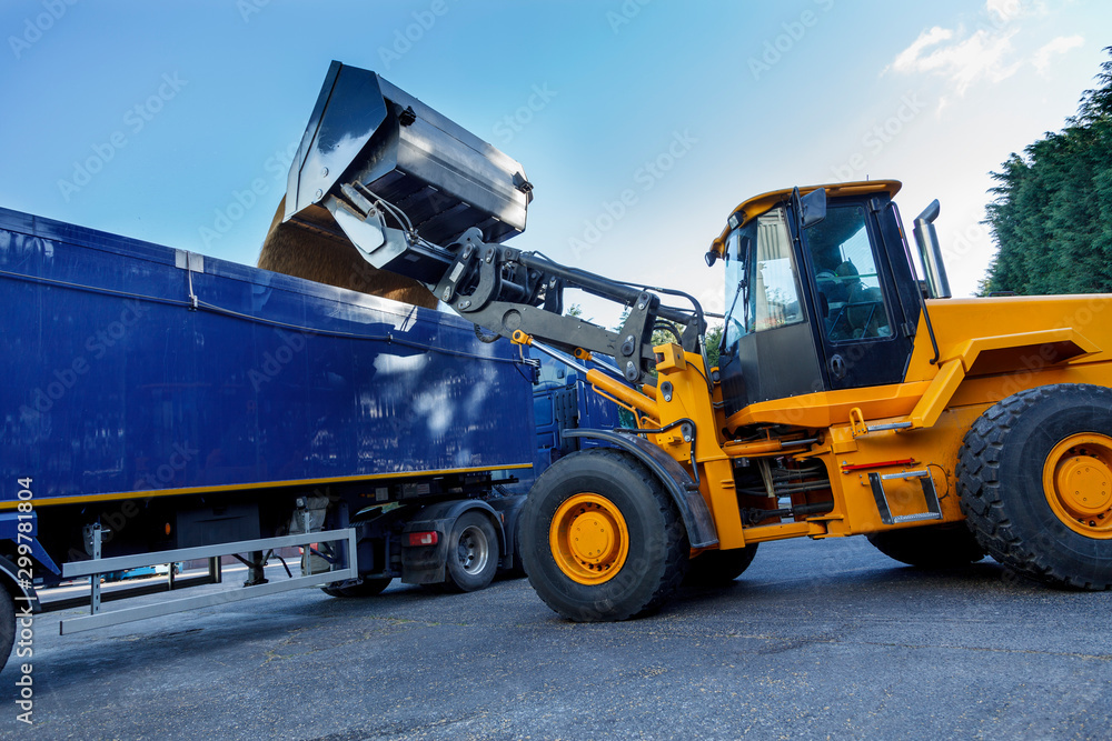 Yellow tractor dumping huge quantities of grain into the back of a articulated lorry Yellow tractor dumping huge quantities of grain into the back of a articulated lorry