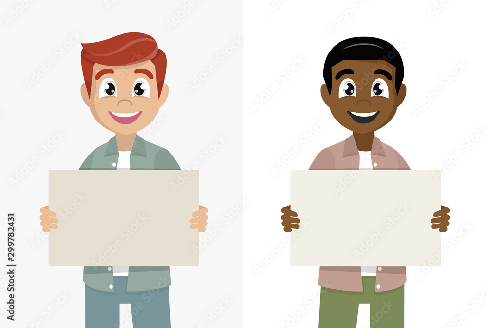 Cartoon character Poses, Man is holding a blank poster. Placard for advertising. Cartoon character Poses, Man is holding a blank poster. Placard for advertising.