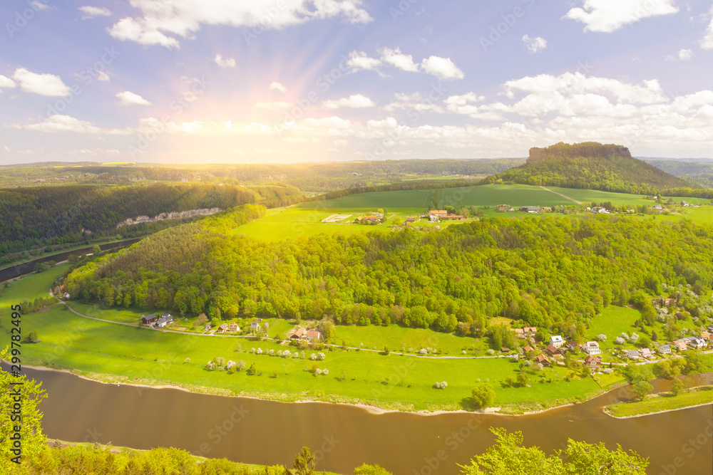 Obraz premium Summer green rural landscape view, Germany, Elba river countryside.