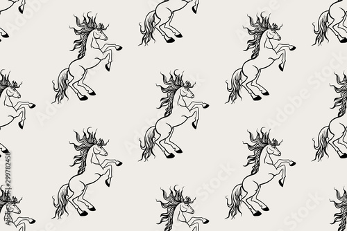 Seamless black-white pattern with horses.