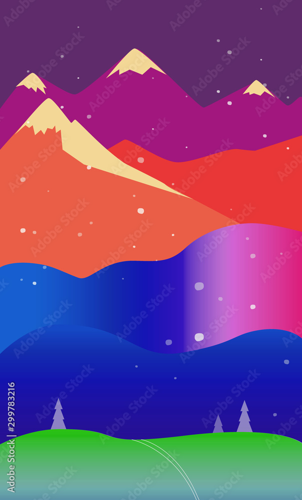 Fantastic mountain landscape in dreamlike vivid neon glow futuristic color palette of hot pink, red, lime green, turquoise, electric blue and minimalist flat design style