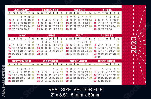 Pocket calendar 2020, start on Sunday, vectorSIZE: 2" x 3.5", 51mm x 89mm