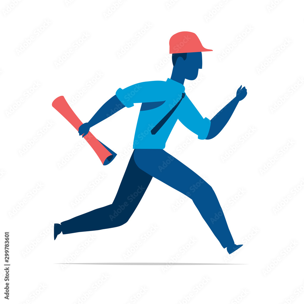 running architect with project plan on white background running architect with project plan on white background