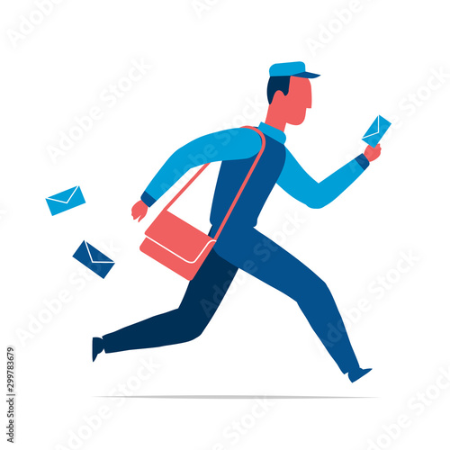 Running postman with letters and bag isolated vector illustration 