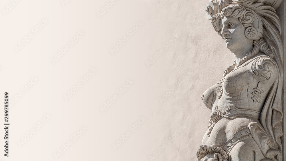 Naklejka premium Banner of Ancient wall sculpture of a sensual woman warrior Amazonian in chain armor as defender in downtown of Dresden, Germany, details, closeup, paste space