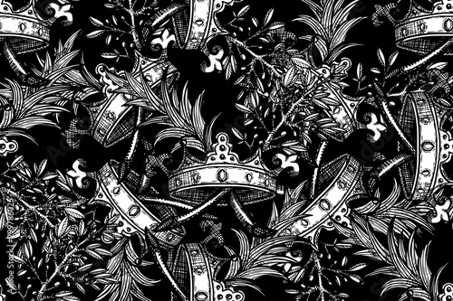 Seamless black-white pattern with crown and plants