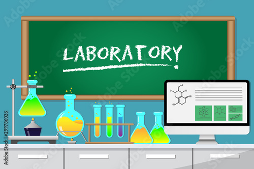 Laboratory equipment, jars, beakers, flasks. Laboratory word is written on chalkboard. Searching information on desktop computer. Biology science education medical vector.