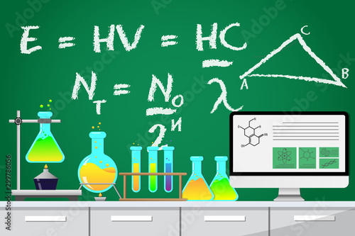 Laboratory equipment, jars, beakers, flasks, scales, spirit lamp on table. Chemical formula is written on chalkboard and open in desktop computer. Biology science education medical vector illustration
